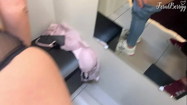 Risky public sex with stepsister FeralBerryy in the fitting room. Cum in panties