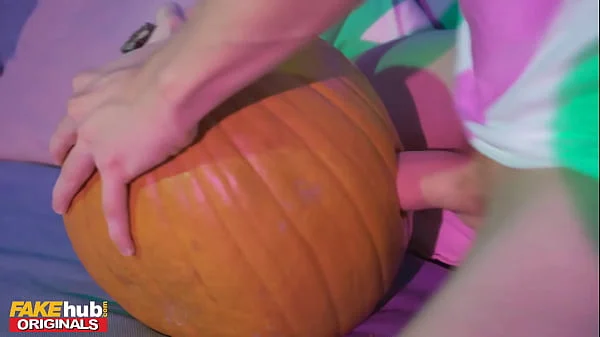 Fakehub Originals - Teen at Halloween College house party sneaky pumps a pumpkin before hot sexy Thai girl in cosplay leaves the party to offer up her tight wet pierced pussy